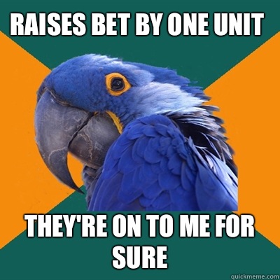 Raises bet by one unit They're on to me for sure - Raises bet by one unit They're on to me for sure  Paranoid Parrot