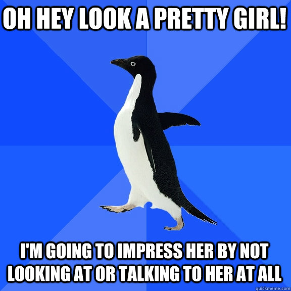 Oh hey look a pretty girl! I'm going to impress her by not looking at or talking to her at all  Socially Awkward Penguin