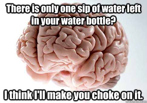 There is only one sip of water left in your water bottle? I think I'll make you choke on it.   Scumbag Brain