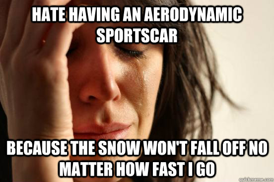 hate having an aerodynamic sportscar because the snow won't fall off no matter how fast i go  First World Problems