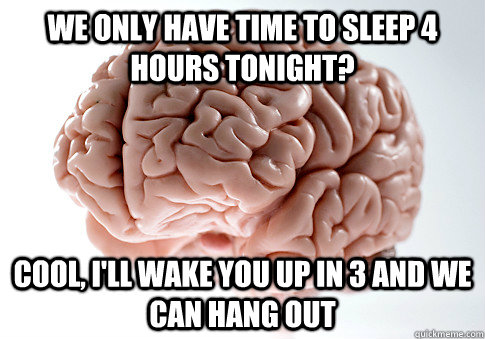 We only have time to sleep 4 hours tonight? Cool, I'll wake you up in 3 and we can hang out  Scumbag Brain