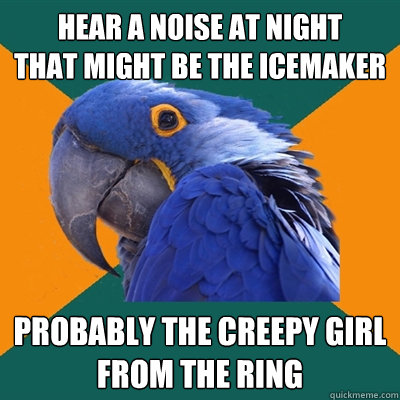 Hear a noise at night
that might be the icemaker probably the creepy girl 
from the ring  Paranoid Parrot