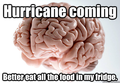 Hurricane coming Better eat all the food in my fridge.   Scumbag Brain