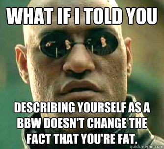 what if i told you Describing yourself as a BBW doesn't change the fact that you're fat.  Matrix Morpheus