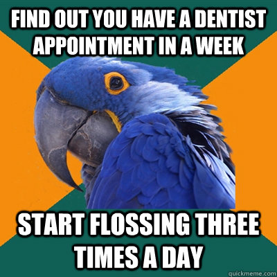 Find out you have a dentist appointment in a week Start flossing three times a day  Paranoid Parrot