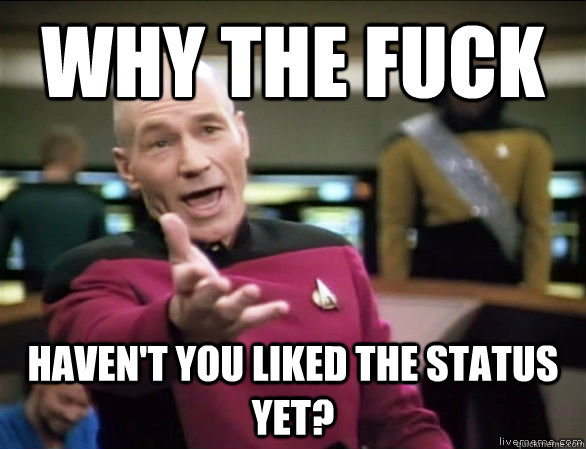 why the fuck haven't you liked the status yet?  Annoyed Picard HD