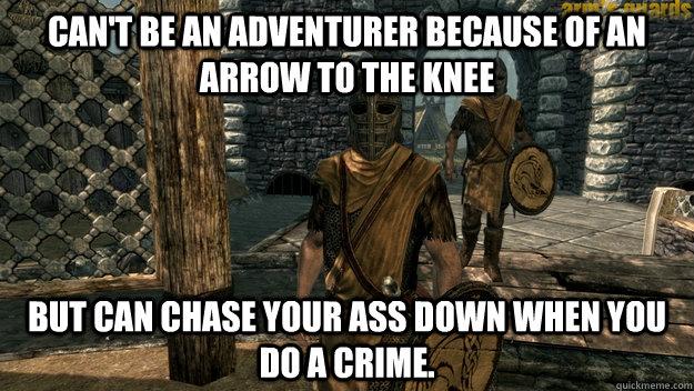 Can't be an adventurer because of an arrow to the knee But can chase your ass down when you do a crime.  - Can't be an adventurer because of an arrow to the knee But can chase your ass down when you do a crime.   Skyrim Guard Logic