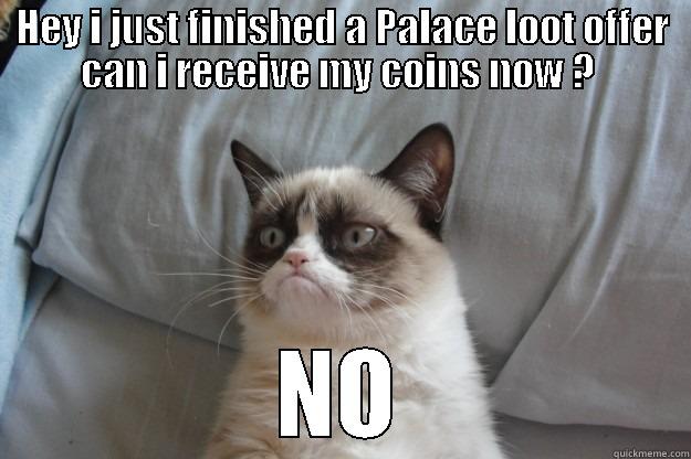 HEY I JUST FINISHED A PALACE LOOT OFFER CAN I RECEIVE MY COINS NOW ?  NO Grumpy Cat