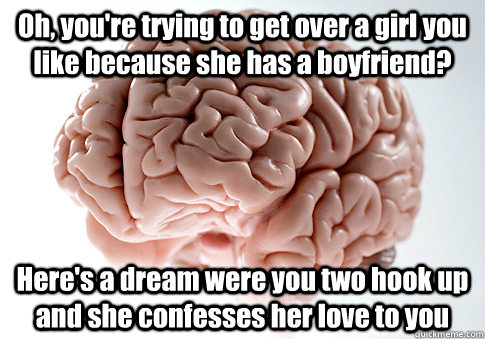Oh, you're trying to get over a girl you like because she has a boyfriend? Here's a dream were you two hook up and she confesses her love to you   Scumbag Brain