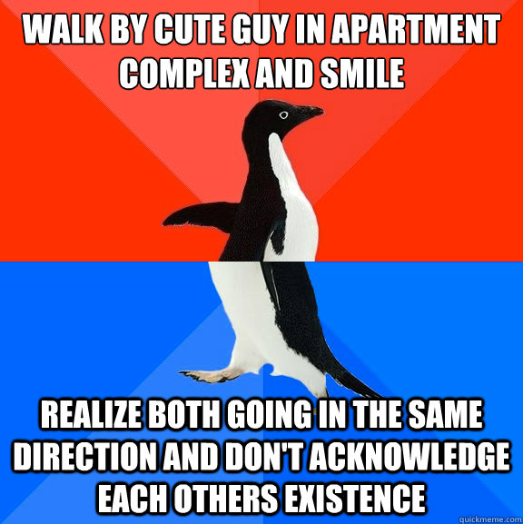 walk by cute guy in apartment complex and smile realize both going in the same direction and don't acknowledge each others existence  Socially Awesome Awkward Penguin