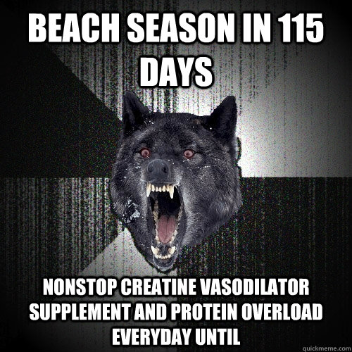 Beach Season in 115 days Nonstop Creatine vasodilator supplement and protein overload everyday until  Insanity Wolf