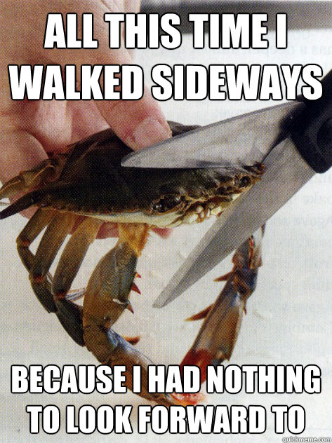 all this time i walked sideways because i had nothing to look forward to   Optimistic Crab