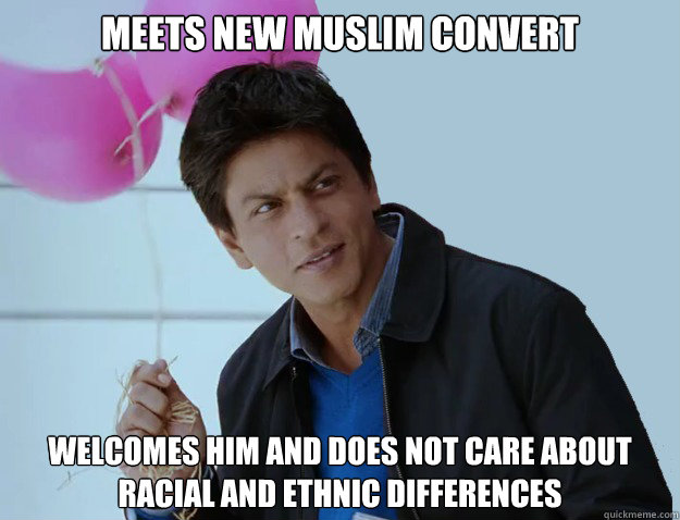 MEETS NEW MUSLIM CONVERT WELCOMES HIM AND DOES NOT CARE ABOUT RACIAL AND ETHNIC DIFFERENCES  