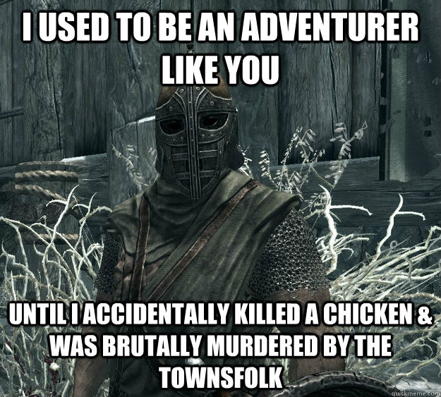 I used to be an adventurer like you until i accidentally killed a chicken & was brutally murdered by the townsfolk  Skyrim Guard
