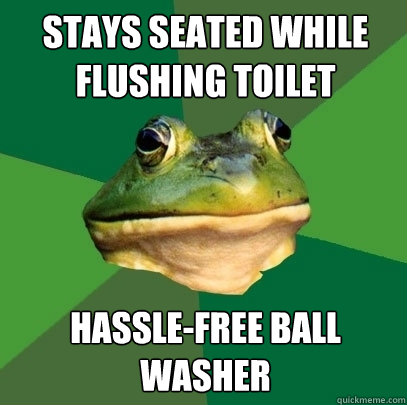 Stays seated while flushing toilet hassle-free ball washer  Foul Bachelor Frog