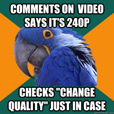 Comments on  video says it's 240p Checks ''change quality'' just in case  Paranoid Parrot
