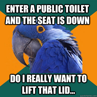 Enter a public toilet and the seat is down Do I really want to lift that lid...  Paranoid Parrot