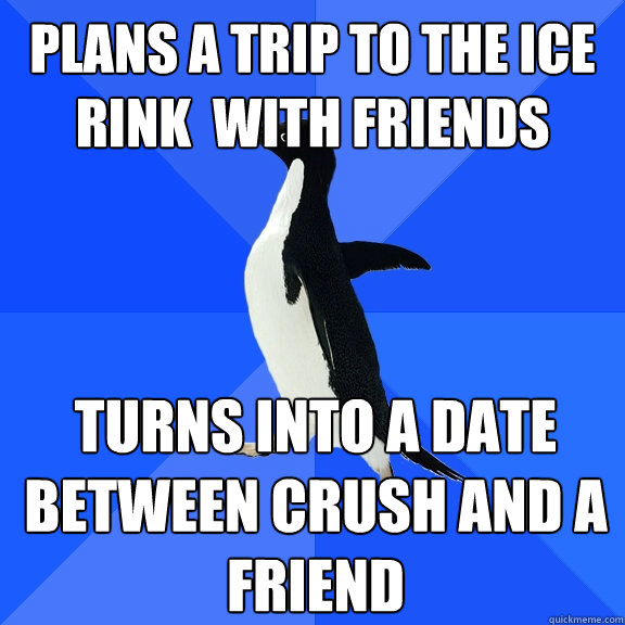 Plans a trip to the ice rink  with friends Turns into a date between crush and a friend  Socially Awkward Penguin