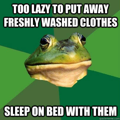 too lazy to put away freshly washed clothes Sleep on bed with them - too lazy to put away freshly washed clothes Sleep on bed with them  Foul Bachelor Frog