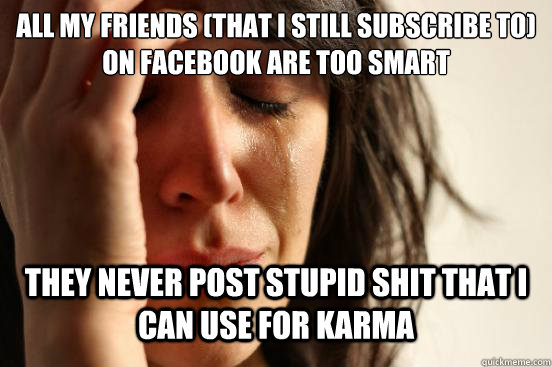 ALL MY FRIENDS (that i still subscribe to) ON FACEBOOK ARE Too SMART THEY NEVER POST STUPID SHIT THAT I CAN USE FOR KARMA  First World Problems
