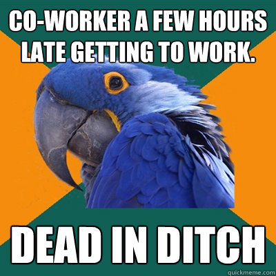 Co-worker a few hours late getting to work. DEAD IN DITCH  Paranoid Parrot