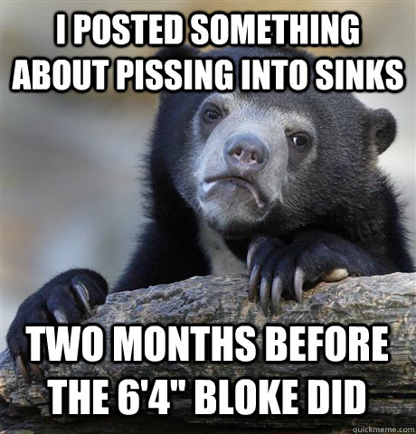 I posted something about pissing into sinks two months before the 6'4'' bloke did  Confession Bear
