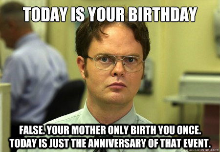 Today is your birthday False. Your mother only birth you once. Today is just the anniversary of that event. - Today is your birthday False. Your mother only birth you once. Today is just the anniversary of that event.  Dwight K Schrute