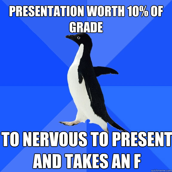Presentation worth 10% of grade To nervous to present and takes an F  Socially Awkward Penguin