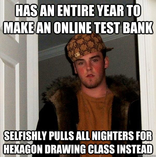 Has an entire year to make an online test bank selfishly pulls all nighters for hexagon drawing class instead  Scumbag Steve