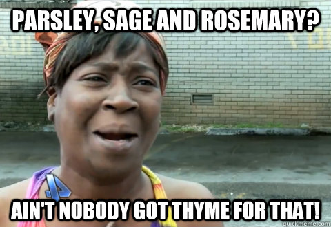 Parsley, sage and rosemary? Ain't nobody got thyme for that! - Parsley, sage and rosemary? Ain't nobody got thyme for that!  aint nobody got time