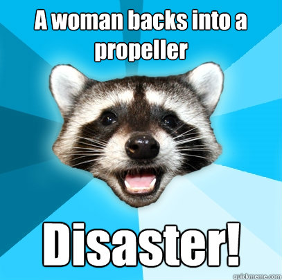 A woman backs into a propeller Disaster!  Lame Pun Coon