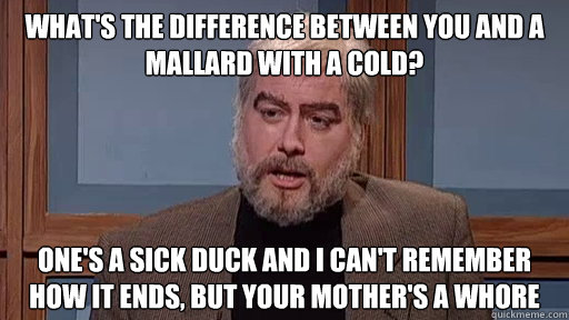 What's the difference between you and a mallard with a cold? One's a sick duck and I can't remember how it ends, but your mother's a whore  Celebrity Jeopardy - Sean Connery