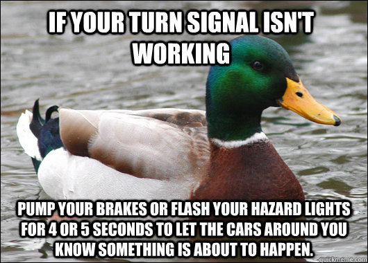 if your turn signal isn't working pump your brakes or flash your hazard lights for 4 or 5 seconds to let the cars around you know something is about to happen.  Actual Advice Mallard