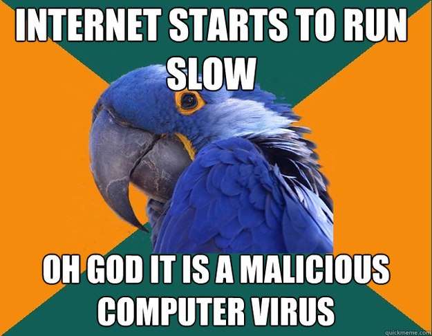 Internet starts to run slow Oh god It is a malicious computer virus  Paranoid Parrot