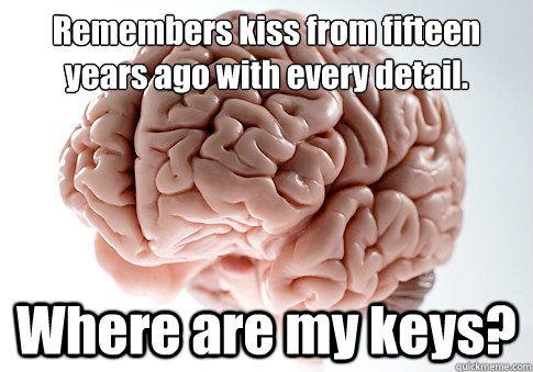 Remembers kiss from fifteen years ago with every detail. Where are my keys?  Caption 4 goes here  Scumbag Brain