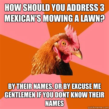 How should you address 3 mexican's mowing a lawn? by their names, or by excuse me gentlemen if you dont know their names  Anti-Joke Chicken