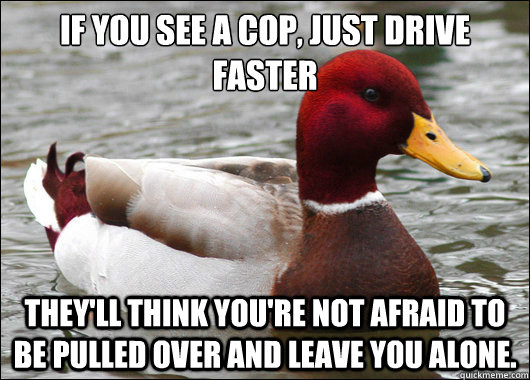 If you see a cop, just drive faster
 They'll think you're not afraid to be pulled over and leave you alone.  Malicious Advice Mallard