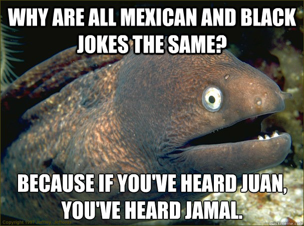 why are all mexican and black jokes the same? because if you've heard juan, you've heard jamal. - why are all mexican and black jokes the same? because if you've heard juan, you've heard jamal.  Bad Joke Eel