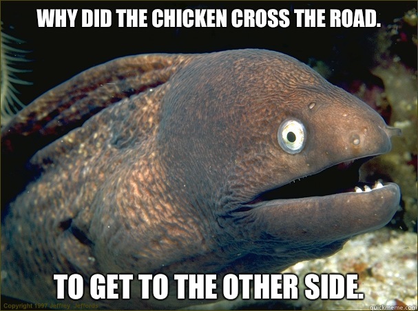 Why did the chicken cross the road. To get to the other side.  Bad Joke Eel