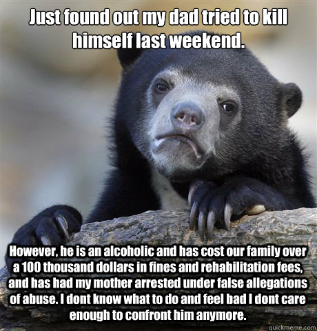 Just found out my dad tried to kill himself last weekend. However, he is an alcoholic and has cost our family over a 100 thousand dollars in fines and rehabilitation fees, and has had my mother arrested under false allegations of abuse. I dont know what t  Confession Bear