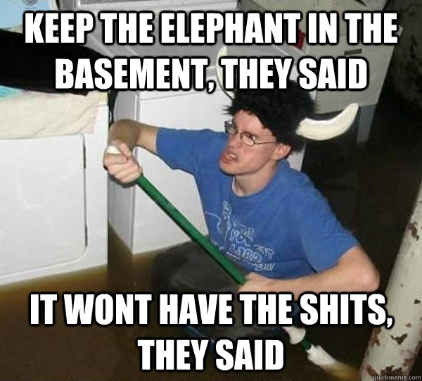 keep the elephant in the basement, they said it wont have the shits, they said  They said