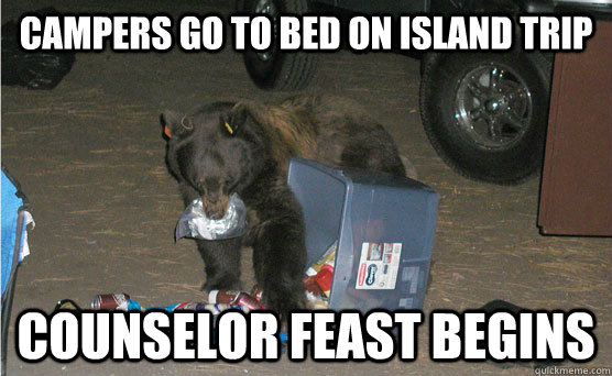 campers go to bed on island trip counselor feast begins  Food Snob Bear