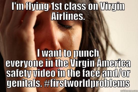 I'M FLYING 1ST CLASS ON VIRGIN AIRLINES. I WANT TO PUNCH EVERYONE IN THE VIRGIN AMERICA SAFETY VIDEO IN THE FACE AND/OR GENITALS. #FIRSTWORLDPROBLEMS First World Problems