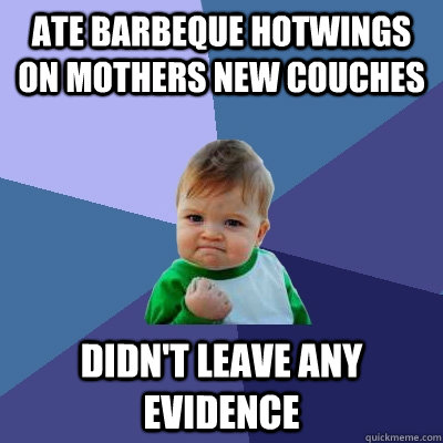 ate barbeque hotwings on mothers new couches Didn't leave any evidence  Success Kid