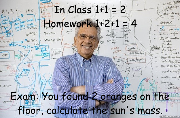 In Class 1+1 = 2
Homework 1+2+1 = 4
 Exam: You found 2 oranges on the floor, calculate the sun's mass.  Engineering Professor