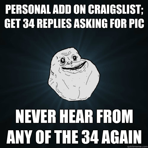 Personal add on craigslist; get 34 replies asking for pic Never hear from any of the 34 again  Forever Alone