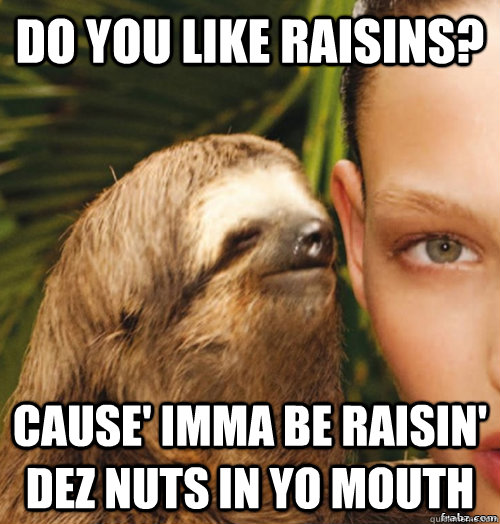 Do you like Raisins? Cause' imma be raisin' dez nuts in yo mouth  rape sloth