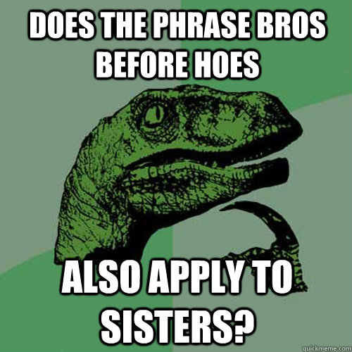 Does the phrase Bros before Hoes Also apply to sisters? - Does the phrase Bros before Hoes Also apply to sisters?  Philosoraptor