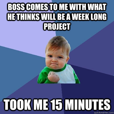 boss comes to me with what he thinks will be a week long project took me 15 minutes - boss comes to me with what he thinks will be a week long project took me 15 minutes  Success Kid