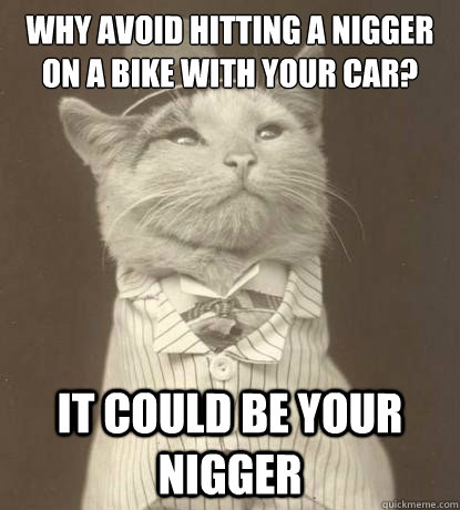 why avoid hitting a nigger on a bike with your car? it could be your nigger - why avoid hitting a nigger on a bike with your car? it could be your nigger  Aristocat